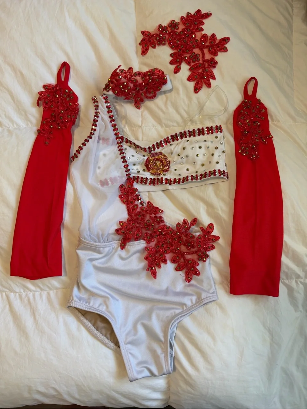 Red & White Embellished Girls two-Piece Dance Costume